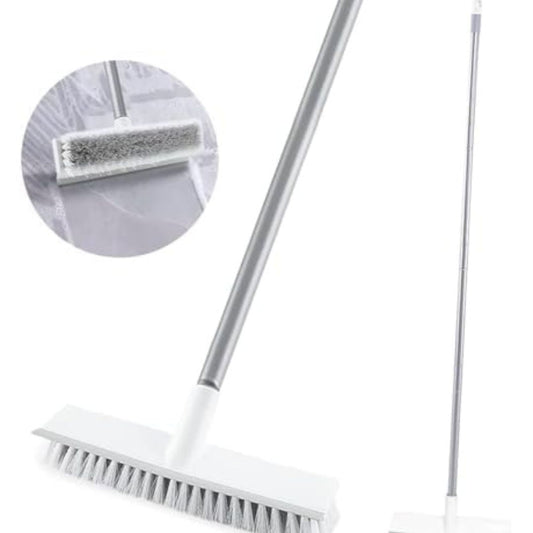 White Bathroom Scrub Brush with Wiper - 2-in-1 Tile Cleaning