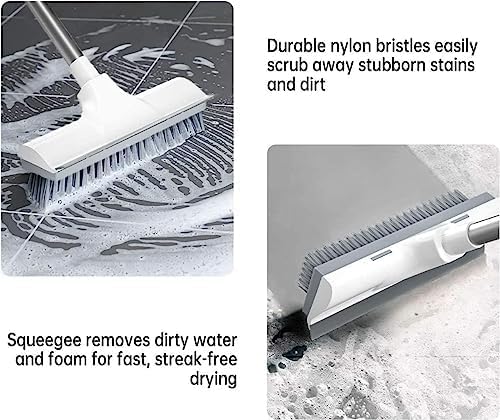 White Bathroom Scrub Brush with Wiper - 2-in-1 Tile Cleaning