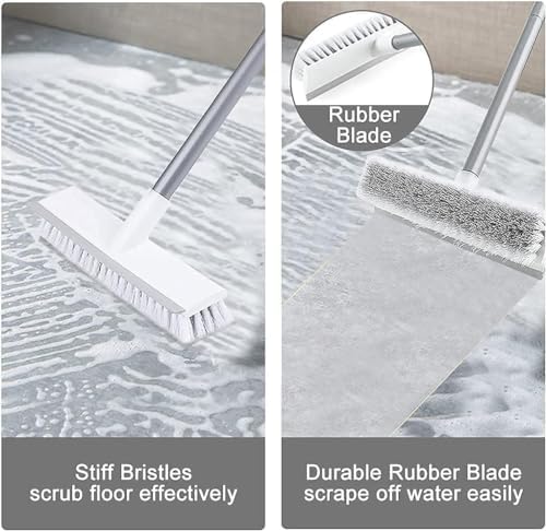 White Bathroom Scrub Brush with Wiper - 2-in-1 Tile Cleaning