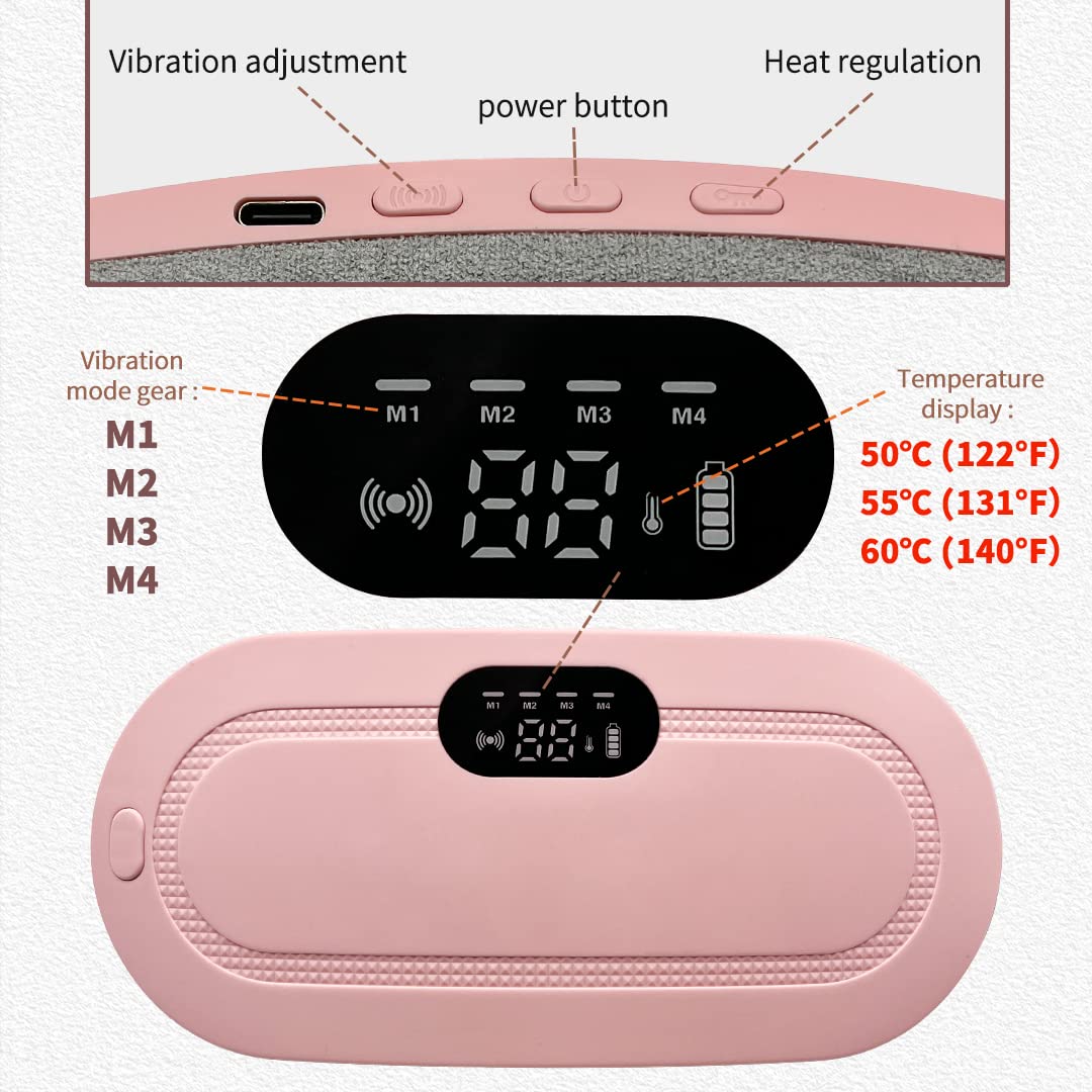 Portable Cordless Heating Pad for Menstrual Cramps Relief, Heating Pad for Stomach, 3-Speed Temperature Adjustment and 4-Speed Massage Modes, Back and Belly Heating Pad for Women(Pink)