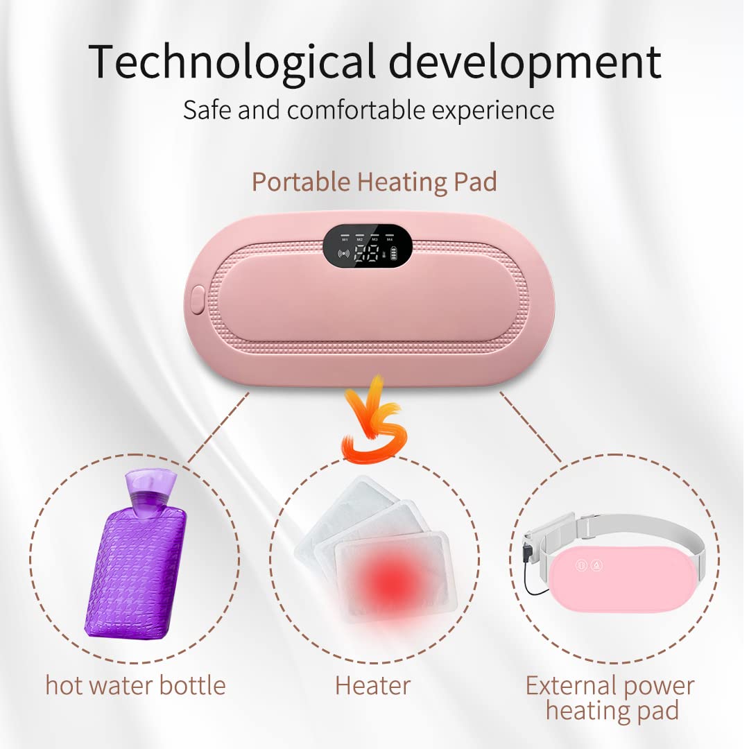 Portable Cordless Heating Pad for Menstrual Cramps Relief, Heating Pad for Stomach, 3-Speed Temperature Adjustment and 4-Speed Massage Modes, Back and Belly Heating Pad for Women(Pink)