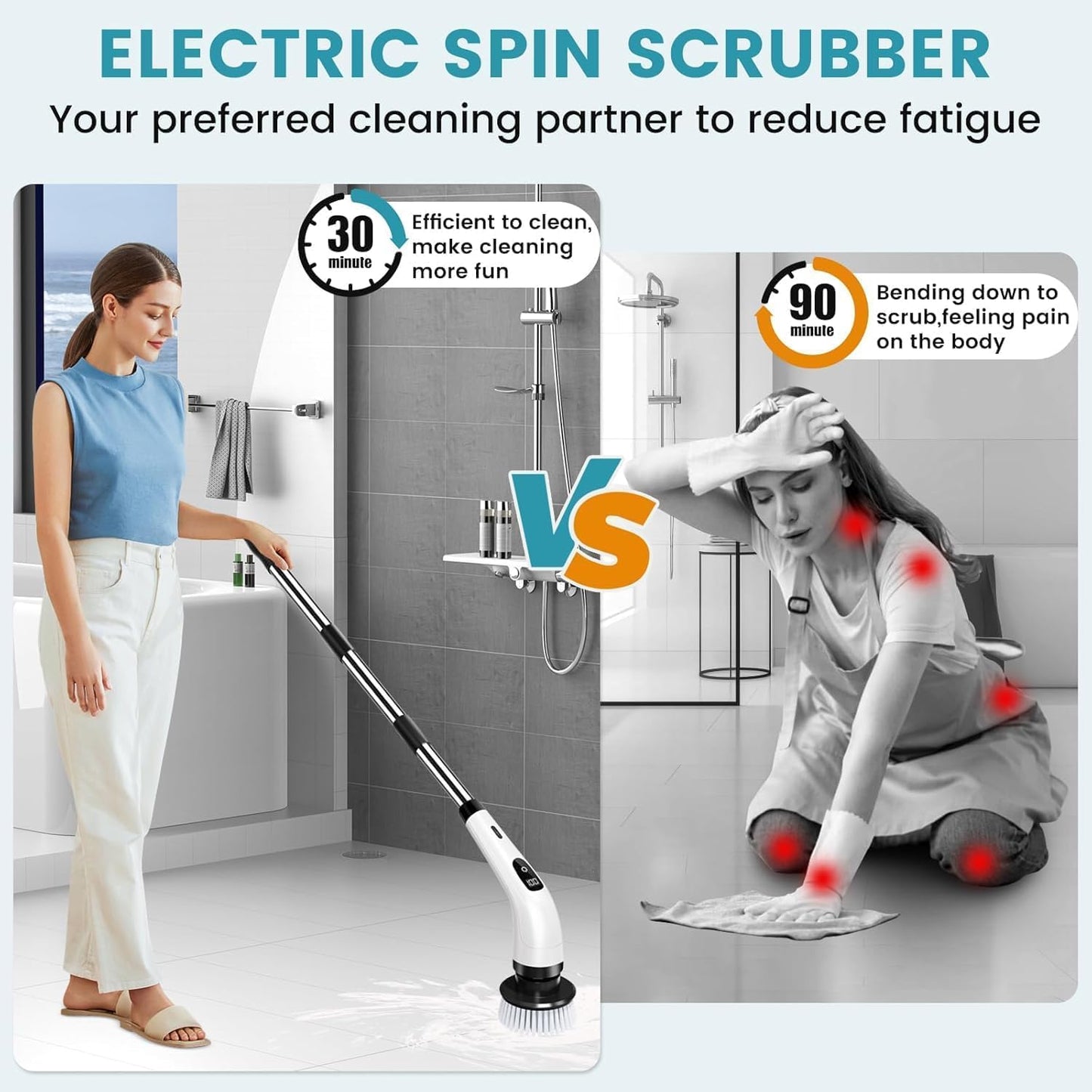 Mincify 9-in-1 Electric Spin Scrubber for Bathroom Cleaning with Adjustable Handle | Cordless Rechargeable Power Brush with 9 Replaceable Heads | Floor, Tile, Tub, Kitchen & Wall Cleaner