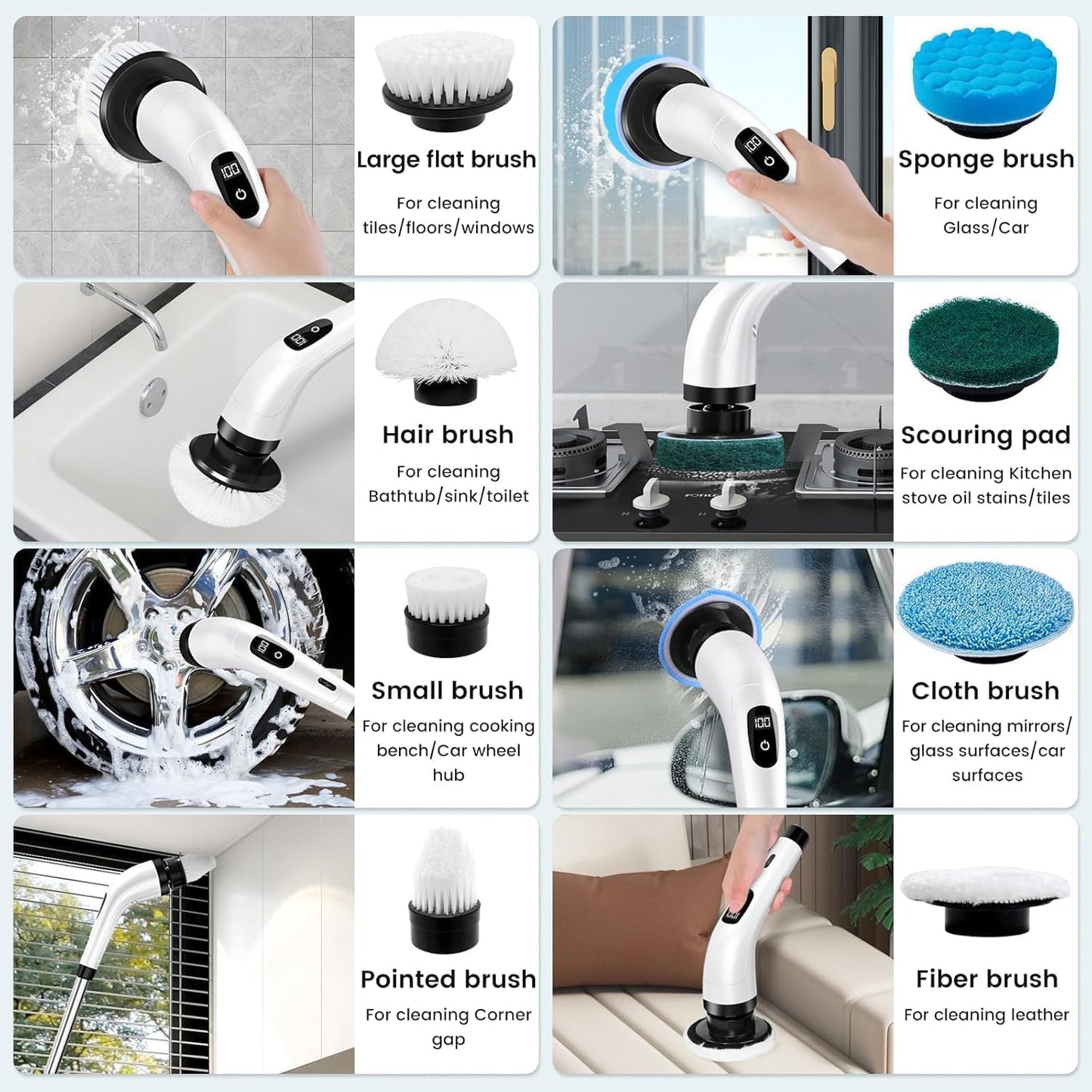 Mincify 9-in-1 Electric Spin Scrubber for Bathroom Cleaning with Adjustable Handle | Cordless Rechargeable Power Brush with 9 Replaceable Heads | Floor, Tile, Tub, Kitchen & Wall Cleaner