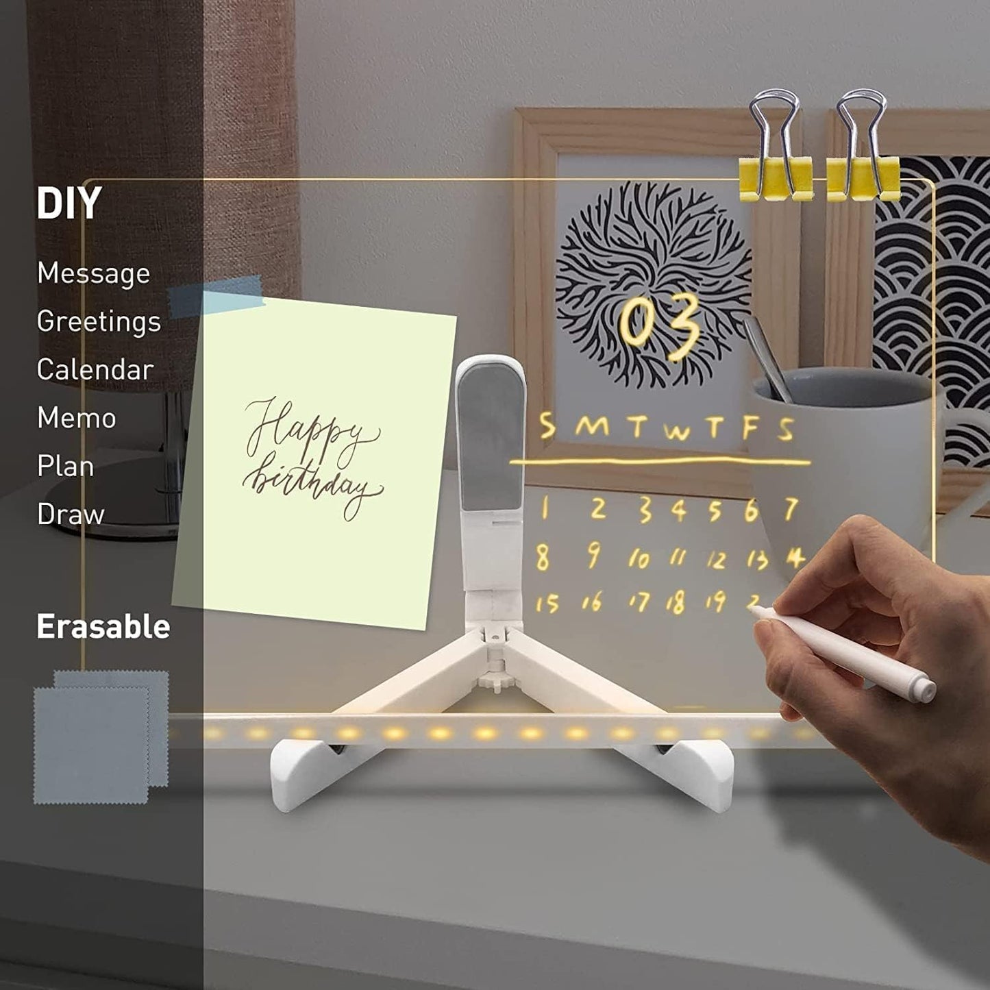 3D LED Acrylic Board, Write & Erase Board with Light and with 13 Coloured Pens (20X30 CM)