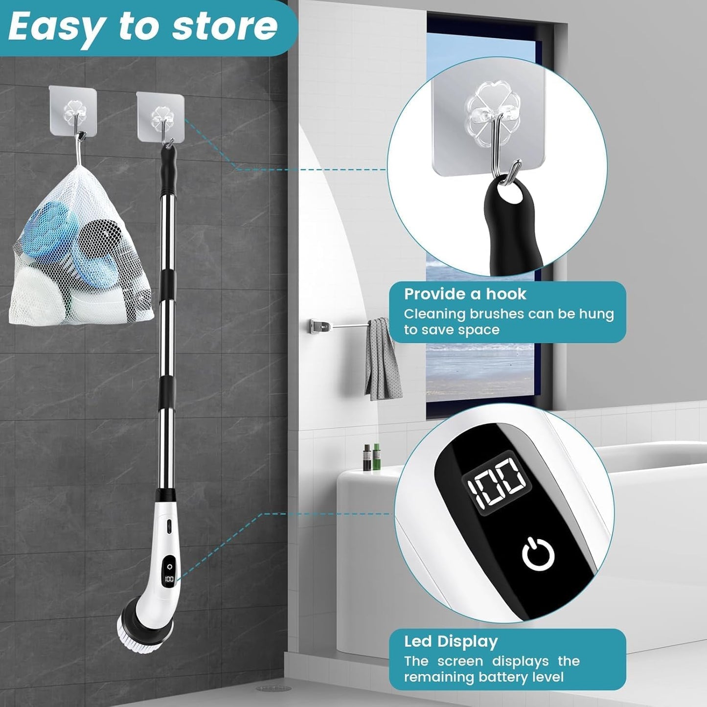 Mincify 9-in-1 Electric Spin Scrubber for Bathroom Cleaning with Adjustable Handle | Cordless Rechargeable Power Brush with 9 Replaceable Heads | Floor, Tile, Tub, Kitchen & Wall Cleaner