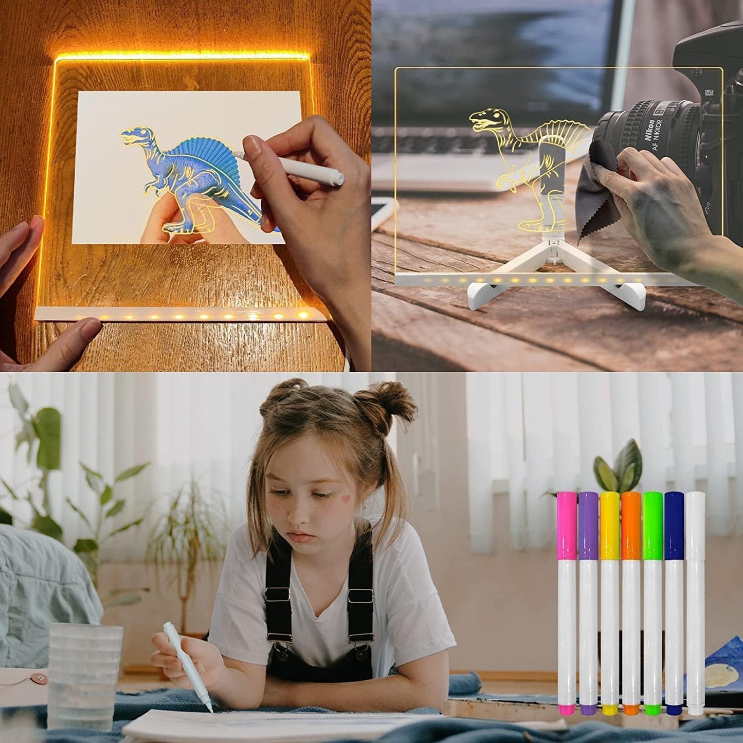 3D LED Acrylic Board, Write & Erase Board with Light and with 13 Coloured Pens (20X30 CM)