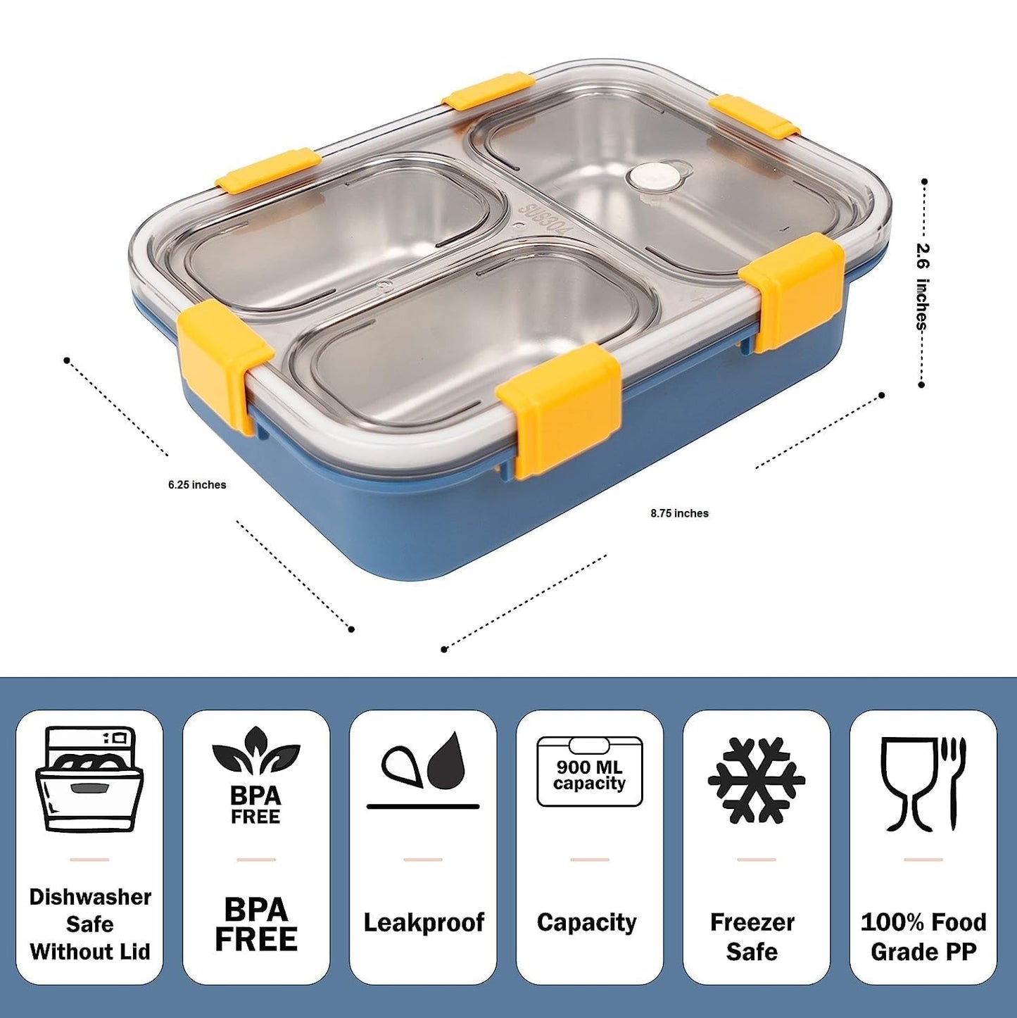 3 Compartment Transperent Stainless steel Lunch Box