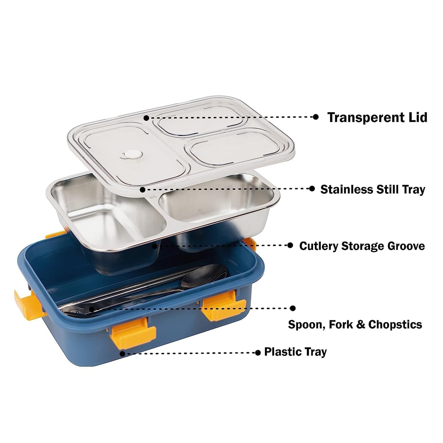 3 Compartment Transperent Stainless steel Lunch Box