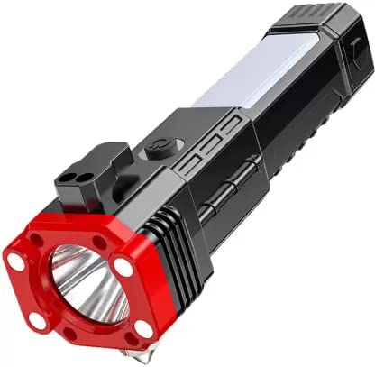 Rechargeable LED Emergency Torch Light with Hammer, Seat Belt Cutter, and Power Bank – Multifunctional Flashlight for Camping, Car Emergencies, and Outdoor Adventures – 4 Light Modes, USB Charging