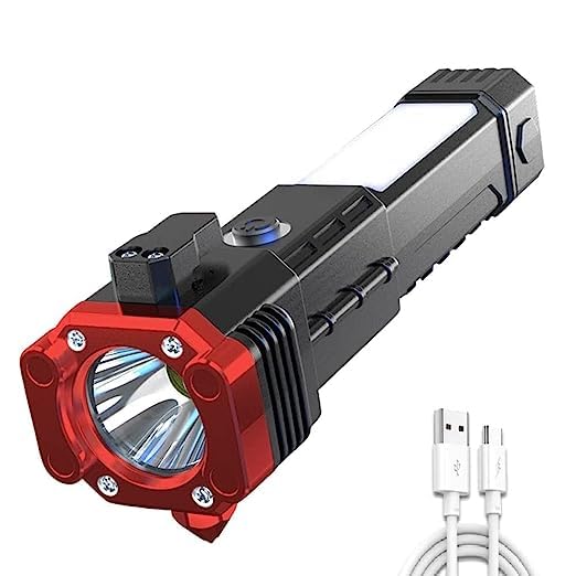 Rechargeable LED Emergency Torch Light with Hammer, Seat Belt Cutter, and Power Bank – Multifunctional Flashlight for Camping, Car Emergencies, and Outdoor Adventures – 4 Light Modes, USB Charging